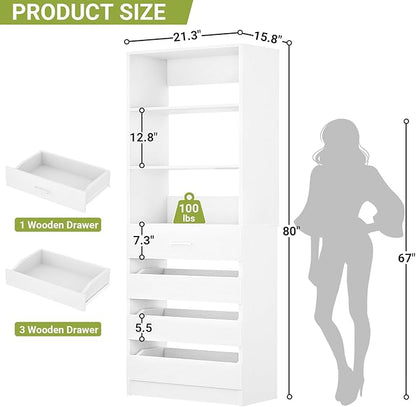 Aheaplus 21.3" Closet System with 4 Drawers, Wood Closet Organizer with Open Shelves, Modular Drawers System Tower, Walk-in Closets Small Wardrobe Rack, Tall Storage Cabinet Unit, White