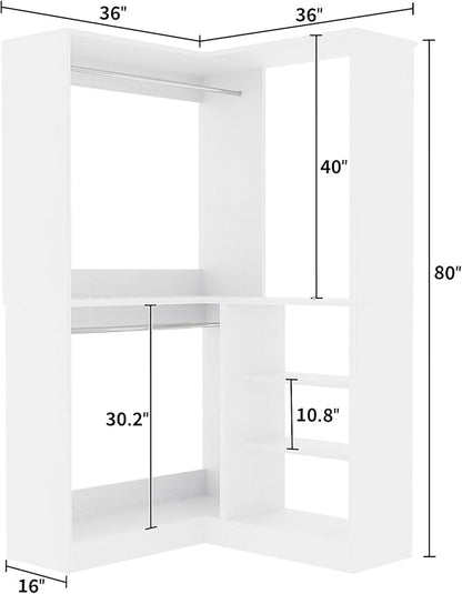 Unikito Corner Closet System, 36 Inch Large Freestanding Closet Organizer System with 2 Hanging Rods and Storage Shelves, Sturdy Walk in Closet Tower, 36" W x 36" D x 80" H, White