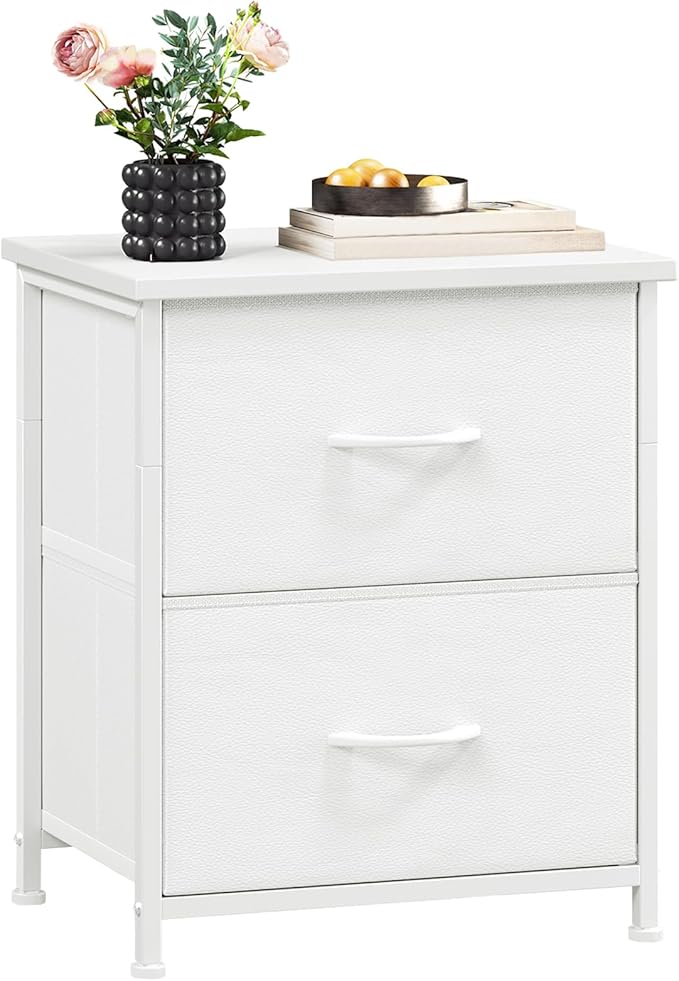 Somdot Nightstand Set of 2 with 2 Storage Drawers, Small Bedside Table End Table, Wooden Top Fabric Cabinet for Bedroom, Kids Closet, College Dorm, Entryway, White Leather