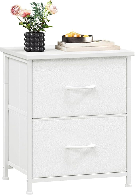 Somdot Nightstand Set of 2 with 2 Storage Drawers, Small Bedside Table End Table, Wooden Top Fabric Cabinet for Bedroom, Kids Closet, College Dorm, Entryway, White Leather