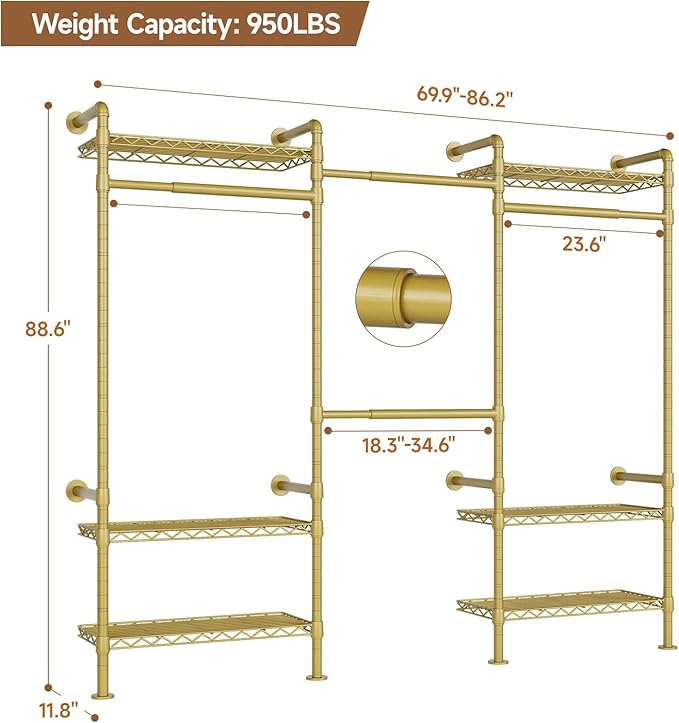 P3 Industrial Pipe Closet System, Wall Mounted Garment Racks with 4 Telescopic Rods & 6 Mesh Shelves, Heavy Duty Clothing Clothes Rack for Walk-in Closets (Gold)