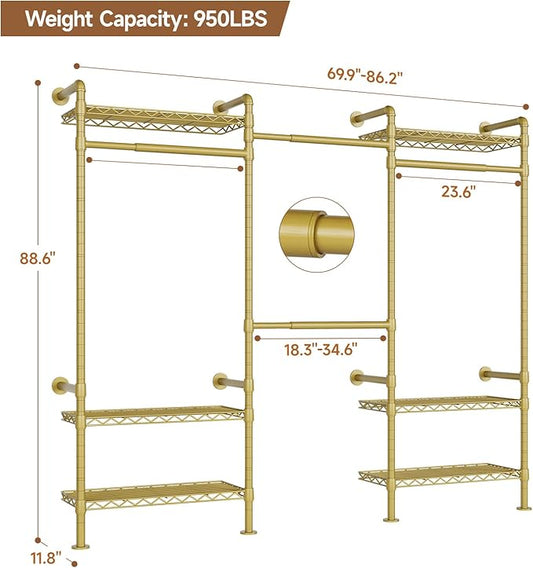 P3 Industrial Pipe Closet System, Wall Mounted Garment Racks with 4 Telescopic Rods & 6 Mesh Shelves, Heavy Duty Clothing Clothes Rack for Walk-in Closets (Gold)