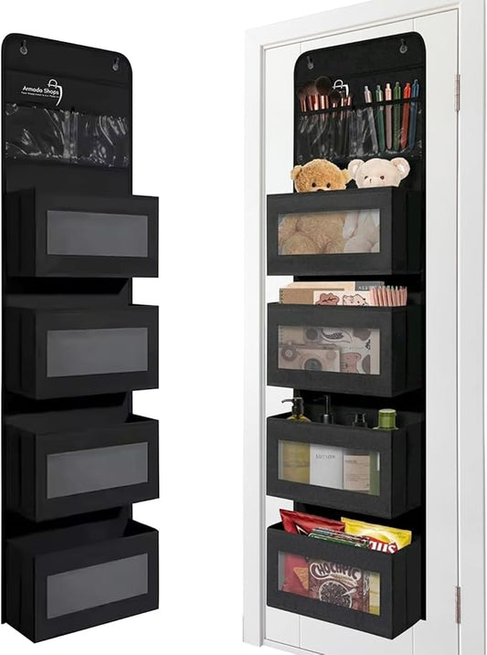 4 Tires Over The Door Organizer- Hanging Shelves with 2 Large Capacity Pockets-Storage Organizer For Kitchen, Baby Organizer Toys Nursery, Bathroom, Bedroom Hanging Closet Organizer-Black