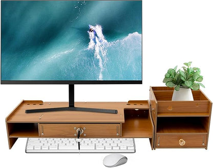 Wood Computer Monitor Stand for Desk Monitor Riser with Drawers & Lock Monitor Stand Organizer Desk Storage Shelf Office Desk Accessories for PC, Laptop, Printer (Wood, 4.13'' H)
