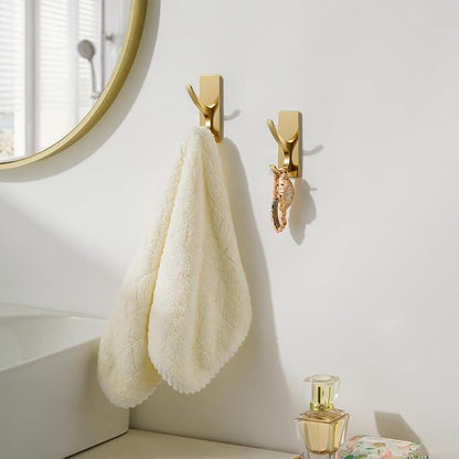 Gold Self Adhesive Towel Hooks, Extra Sticky and Strong 10LB, Stainless Hook for Bathroom, 4 Pack
