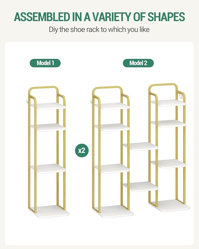6 Tiers Vertical Shoe Rack, Narrow Shoe Tower, Tall Shoes Shelf with 2 Hooks, Adjustable Shelves, Corner Shoes Shelves for Small Spaces, Entryway, Living Room, White Gold SR04213A
