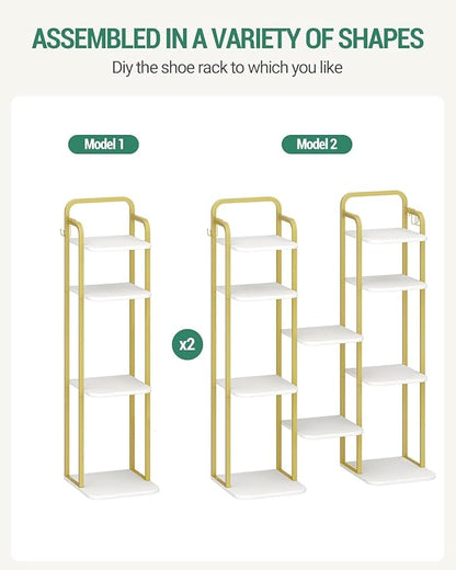 6 Tiers Vertical Shoe Rack, Narrow Shoe Tower, Tall Shoes Shelf with 2 Hooks, Adjustable Shelves, Corner Shoes Shelves for Small Spaces, Entryway, Living Room, White Gold SR04213A