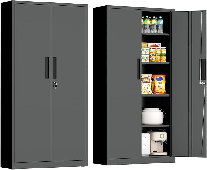 INTERGRAET 63" H Pantry Cabinet, Kitchen Pantry Storage Cabinets with 2 Doors and 4 Shelves,Black Metal Storage Cabinet,Cupboard for Home,Kitchen,Living Room/Dining