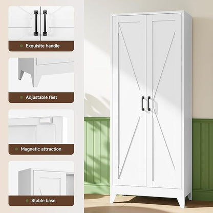 Letaya 75" H Metal Storage Cabinet with 2 Doors and 4 Shelves,Tall Kitchen Pantry Cabinets,Farmhouse Utility Pantry Organizers for Cupboard/Dining/Bathroom/Home Office/Garage,White