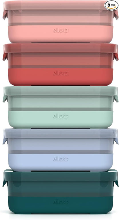 Ello Plastic 3.7 Cup Meal Prep Set 10 Pc, 5 Pack Set - BPA Free Plastic Food Storage Container with Silicone Boot and Airtight Lids, Dishwasher, Microwave, and Freezer Safe, Melon