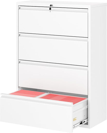 Bonusall File Cabinet, Lateral Filing Cabinet, 4 Drawer Metal File Cabinet with Lock, Lockable Filing Cabinet for Home Office, Hanging Files Letter/Legal/A4/F4 - White