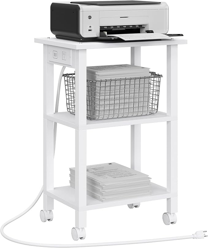 TUTOTAK 3 Tier Printer Stand, Rolling Printer Cart with Power Outlets and USB Ports, Mobile Printer Table with Wheels, for Under Desk, Office, Home, White PS02BW001