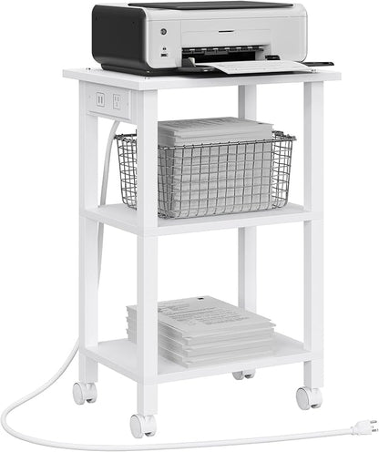 TUTOTAK 3 Tier Printer Stand, Rolling Printer Cart with Power Outlets and USB Ports, Mobile Printer Table with Wheels, for Under Desk, Office, Home, White PS02BW001