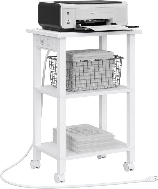 TUTOTAK 3 Tier Printer Stand, Rolling Printer Cart with Power Outlets and USB Ports, Mobile Printer Table with Wheels, for Under Desk, Office, Home, White PS02BW001