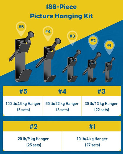 Uniclife 188 Pcs Picture Hanging Kit, 10 lb, 20 lb, 30 lb, 50 lb, 100 lb Heavy Duty Picture Hangers for Drywall & Wood, Picture Hanging Hooks, Frame Hooks for Hanging Photos Mirrors Paintings, Black