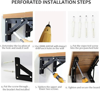 Storystore Folding Shelf Brackets - 14 Inch Heavy Duty Metal Collapsible Shelf Bracket for Bench Table, Shelf Hinge Wall Mounted Space Saving DIY Bracket, Max Load: 150 lb (4 PCS, Black)