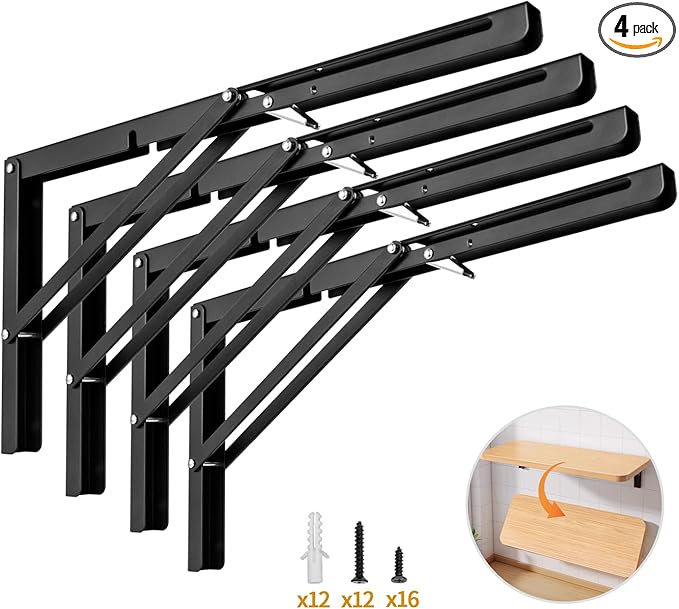 Yarssihha 16 Inch Folding Shelf Bracket, 4 Pack Heavy Duty Wall Mounted Foldable Brackets, Space-Saving Metal Collapsible Shelf Brackets, Max Load:180lbs