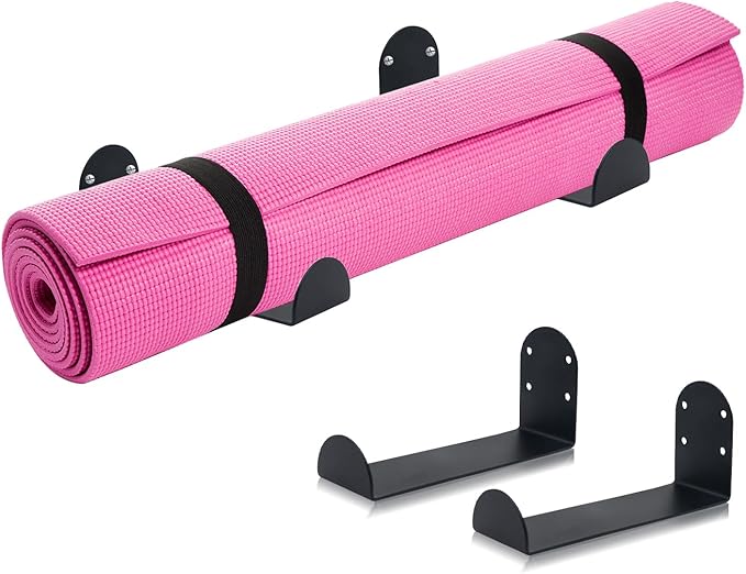 Stainless Steel Yoga Mat Holder Wall Mount 2-Pack – Space Saving Storage Rack for Exercise Mats, Foam Rollers, Resistance Bands – Home Gym Organizer