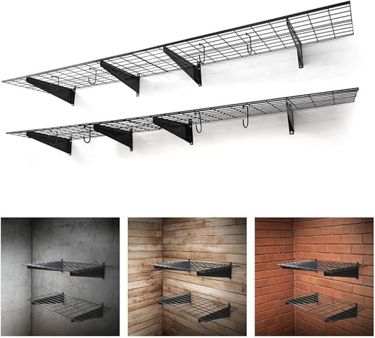 Fencer Wire 96 in. W x 18 in. D Wall Mounted Garage Wall Shelving w/ 4 Hooks, Black Wall Shelf, Heavy Duty Garage Wall Storage System, Garage Organizer Floating Shelves, 1000lb Weight Capacity