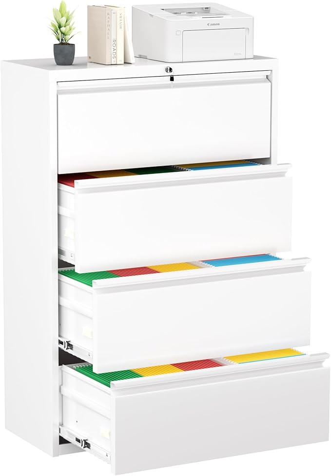 Greenvelly 4 Drawer File Cabinet, Lateral Filing Cabinet for Home Office, White Metal File Cabinet with Lock, Lockable Lateral File Cabinet with Hanging Files&Key for Letter/Legal/F4/A4
