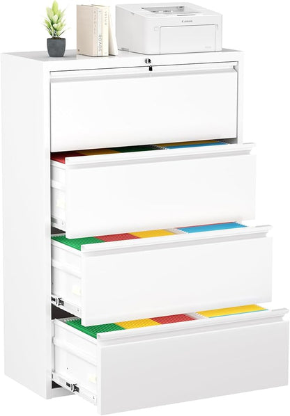 Greenvelly 4 Drawer File Cabinet, Lateral Filing Cabinet for Home Office, White Metal File Cabinet with Lock, Lockable Lateral File Cabinet with Hanging Files&Key for Letter/Legal/F4/A4