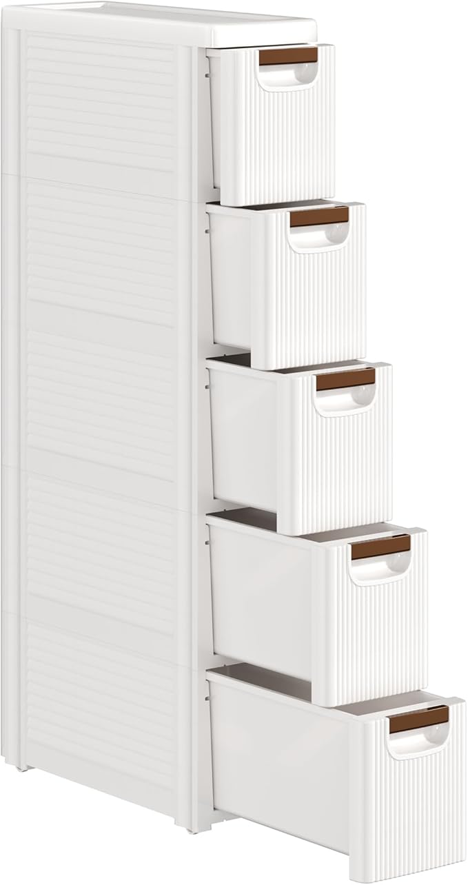 VECELO 5-Drawer Narrow Bathroom Storage Cabinet, Mobile Plastic Slim Rolling Organizer Cart with Built-in 4 Wheels for Living Room, Kitchen, Bathroom, Bedroom, Office, White(16.5" x 7.5" x 35.8")