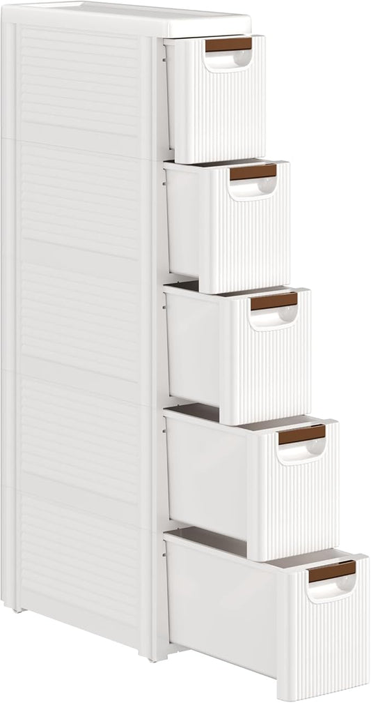 VECELO 5-Drawer Narrow Bathroom Storage Cabinet, Mobile Plastic Slim Rolling Organizer Cart with Built-in 4 Wheels for Living Room, Kitchen, Bathroom, Bedroom, Office, White(16.5" x 7.5" x 35.8")