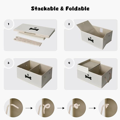 Dog Toy Basket with Double-Open Lid, Divided Dogs Basket for Toys, Collapsible Pet Toy Box, Dog Storage Organizer with 2 Divided Area, Puppy Toys Baskets with Rope Handles, Beige