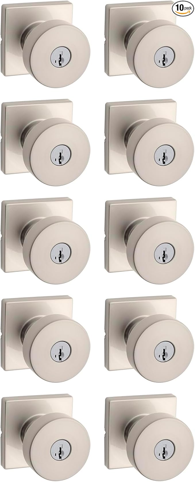Kwikset Pismo Entry Door Knob with Lock and Key, Secure Keyed Handle Exterior, Front Entrance and Bedroom, Satin Nickel, 10 Pack, Pick Resistant SmartKey Rekey Security and Microban