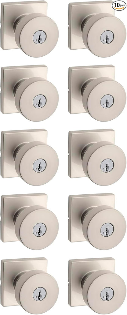 Kwikset Pismo Entry Door Knob with Lock and Key, Secure Keyed Handle Exterior, Front Entrance and Bedroom, Satin Nickel, 10 Pack, Pick Resistant SmartKey Rekey Security and Microban