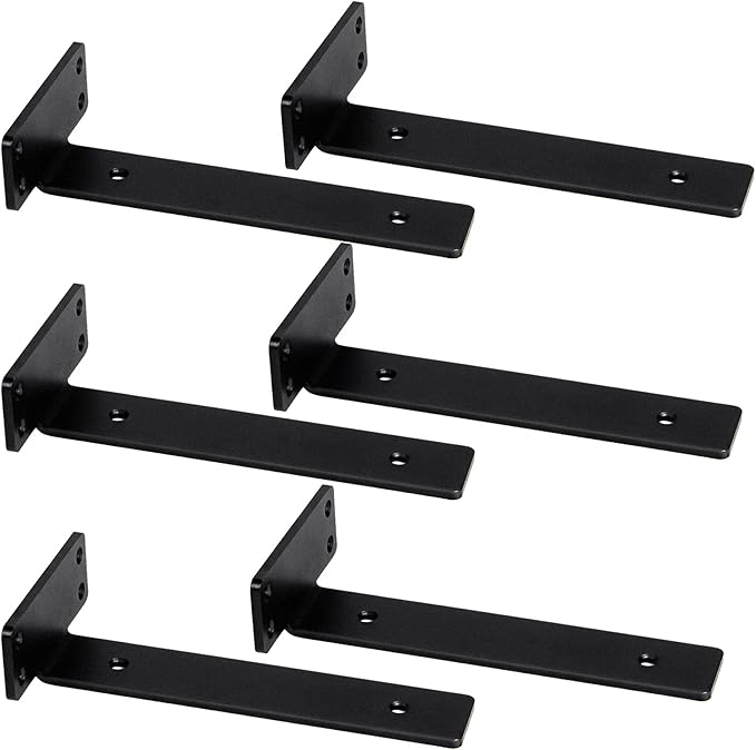 CONNOO 6 Pack Heavy Duty Thick Shelf L Brackets, 8 Inch Floating Hidden Shelf T Brackets, Metal Black L Brackets for Shelves Support DIY, Modern Iron Finish(1/5")