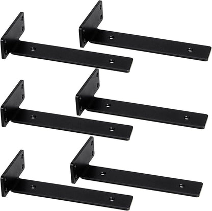 CONNOO 6 Pack Heavy Duty Thick Shelf L Brackets, 8 Inch Floating Hidden Shelf T Brackets, Metal Black L Brackets for Shelves Support DIY, Modern Iron Finish(1/5")