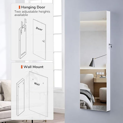 GISSAR Full Length Mirror Jewelry Cabinet, 6 LEDs Jewelry Armoire Wall Mounted Over The Door Hanging, Jewelry Organizer Storage with Lights Lockable, Bright White, 14.6" x 47.2"