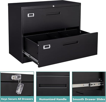 MIIIKO Lateral File Cabinet 2 Drawer, Black Metal File Cabinet with Lock, 35.4" Wide Drawers Storage File Cabinet for Hanging Files Folders Letter/Legal/A4 Size