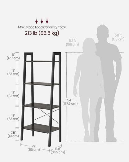 VASAGLE Ladder Shelf, 4-Tier Bookshelf, Storage Rack, Bookcase with Steel Frame, for Living Room, Home Office, Kitchen, Bedroom, Industrial Style, Charcoal Gray and Ink Black ULLS044B04