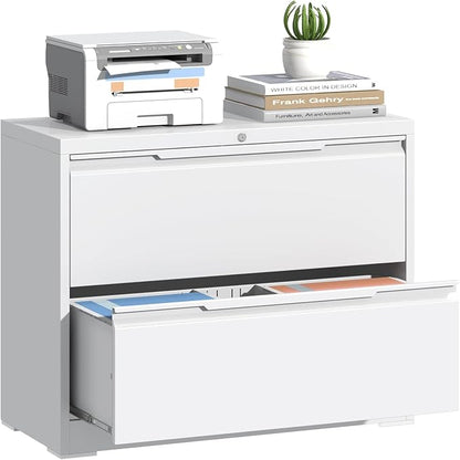 Lateral File Cabinet 2 Drawer, Metal File Cabinet with Lock, Wide Filing Cabinets for Home Office, White Locking Deep Drawer for Hanging Files Letter/Legal/A4/F4 Size, Printer Stand, Assembly Required