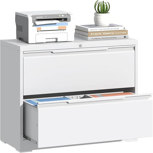 Lateral File Cabinet 2 Drawer, Metal File Cabinet with Lock, Wide Filing Cabinets for Home Office, White Locking Deep Drawer for Hanging Files Letter/Legal/A4/F4 Size, Printer Stand, Assembly Required