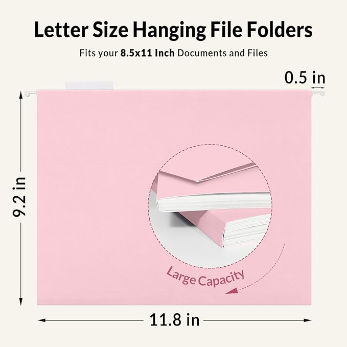 SUNEE 25 Pack Hanging File Folders, Pink Folders, Hanging File Folders Letter Size with 1/5-cut Tabs, Stay Organized for Your Home and Office Bulk File and Documents