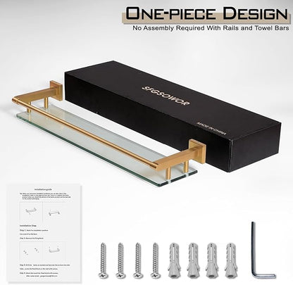 Glass Shelf for Bathroom 24 inch Rectangular Stainless Steel Wall Sheves Tempered Glass Modern Stainless Steel Wall Mount Accessories Organizers Storage (Brushed Gold)