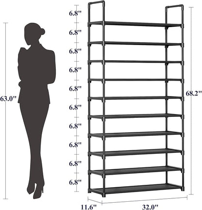 Kitsure Shoe Rack - 10-Tier Shoe Organizer with Detachable Fabric Shelves & Metal Frame, Tall Shoe Rack for Closet, Entrance, Living Room, 32.0" Wide - 10 Tier, Black