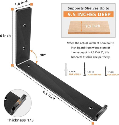Shelf Brackets 10 Inch, Heavy Duty Black Metal Floating Shelf Bracket, Rustic Farmhouse Decorative Iron L Bracket with Lip/Hook, J Brackets Wall Angel Corner Brace for Wood Shelves - 6 Pack