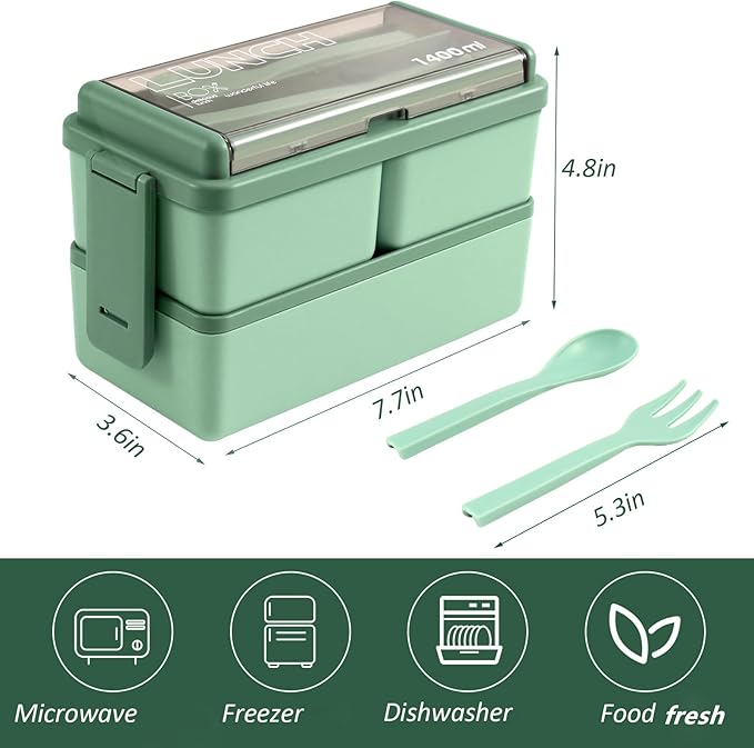 2 Pack Bento Box Adult Lunch Box,49OZ Leakproof Eco-Friendly Stackable Bento Lunch Box Meal Prep for Dining Out, Work, Picnic, School (green+blue)