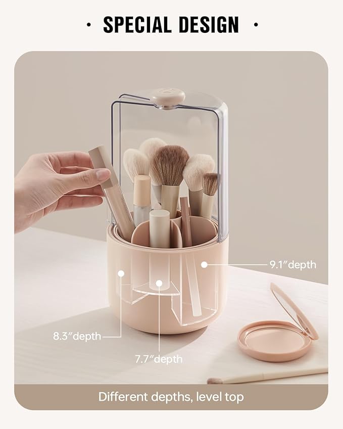 EACHY Makeup Brush Holder 360° Rotating with Dustproof Lid, Waterproof Material, 7 Compartments for Organized Storage, Stylish and Durable Design for Vanity (Beige)