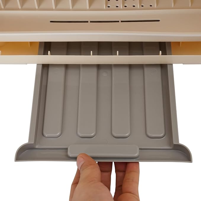 Dish Drying Rack, 2-Tier Plastic Dish Rack for Kitchen Counter with Lid, Kitchen Organizers and Storage Rack with Drainboard and Cutlery Holder for Plates Bowls Cups
