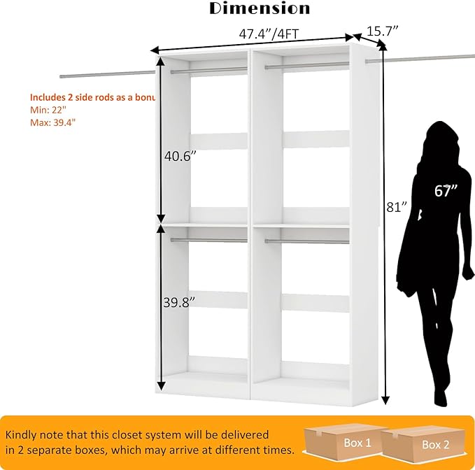 Closet System, 4FT Wood Closet Organizer System Small Walk-in Closet Freestanding Corner Closets Shelf Storage with 6 Hanging Rods, Modular Closet Systems White (4FT)