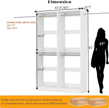 Closet System, 4FT Wood Closet Organizer System Small Walk-in Closet Freestanding Corner Closets Shelf Storage with 6 Hanging Rods, Modular Closet Systems White (4FT)