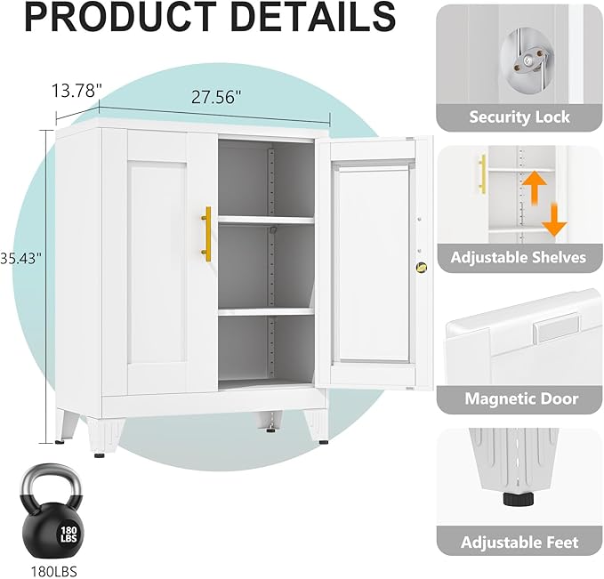 35.43" Metal Storage Cabinet with Lock, Metal File Cabinet with 2 Doors ＆ 2 Adjustable Shelves, Steel Locker Utility Tool Garage Cabinets for Home, Office, Warehouse (White)