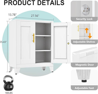35.43" Metal Storage Cabinet with Lock, Metal File Cabinet with 2 Doors ＆ 2 Adjustable Shelves, Steel Locker Utility Tool Garage Cabinets for Home, Office, Warehouse (White)