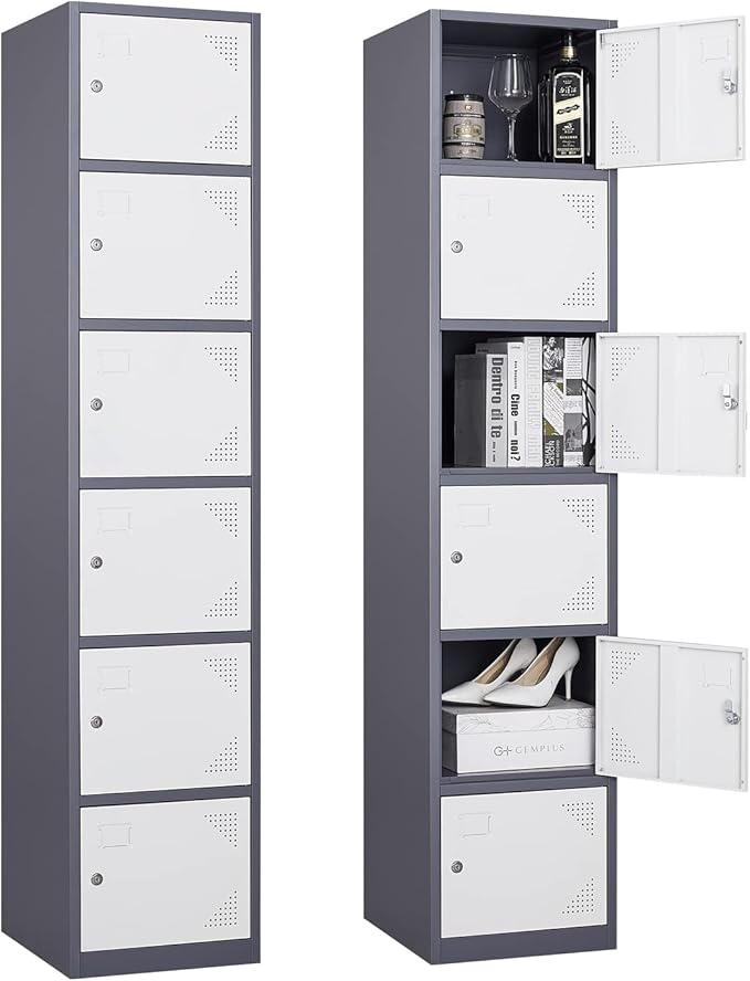 Metal Locker Cabinet with 6 Doors, 71" Storage for Employees, 6 Tier Steel Locker with Lock and Keys for School, Gym, Home, Office Staff (Grey White)