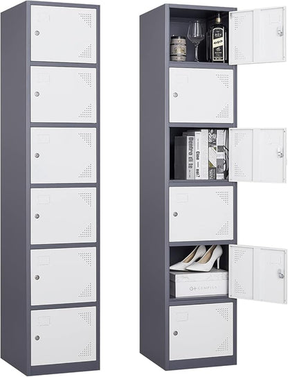 Metal Locker Cabinet with 6 Doors, 71" Storage for Employees, 6 Tier Steel Locker with Lock and Keys for School, Gym, Home, Office Staff (Grey White)